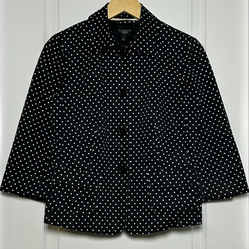 Talbots Petite Cotton Black White Polka Dot Button Front 3/4 Sleeve Jacket